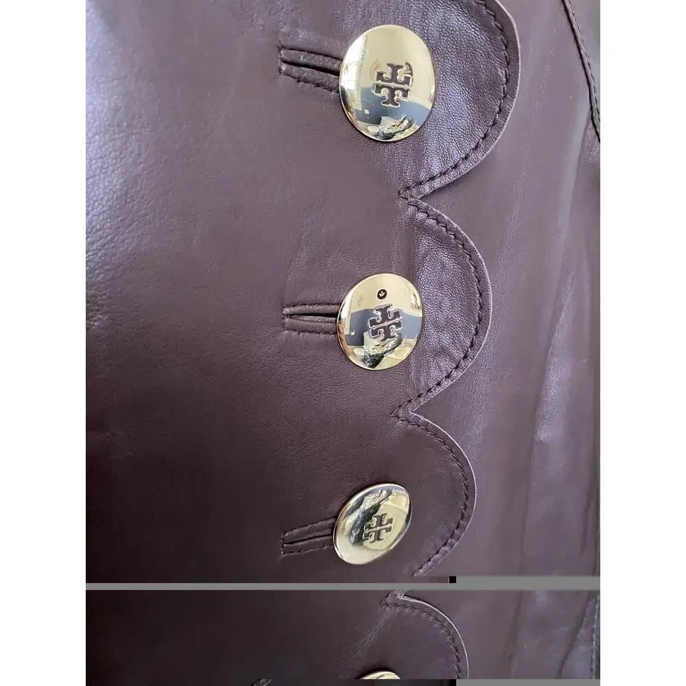 TORY BURCH Cordelia Scalloped 100% Lamb Leather Jacket Logo Buttons Long Size 6